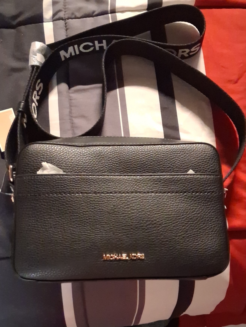 Michael Kors Black Pebbled Leather Messenger Crossbody with Logo Strap
